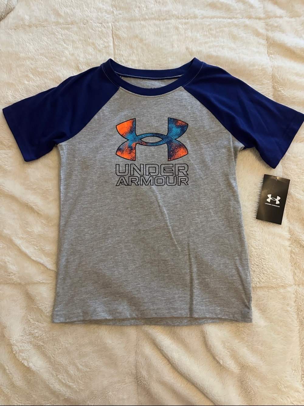 Under Armour Gray Tee with Navy Raglan Sleeves and Orange-Blue Logo
